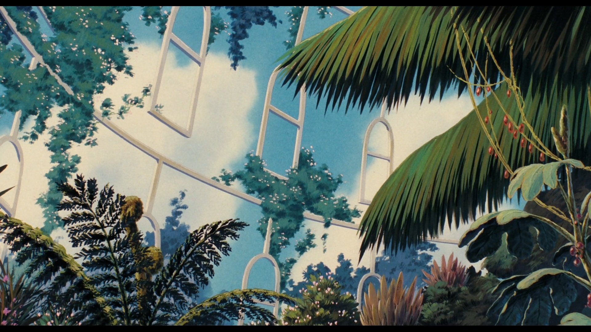 Anime HD PC desktop background — Laputa: Castle in the Sky scene with sunlit tropical foliage and palm fronds framing tall arched windows opening to a bright blue sky.