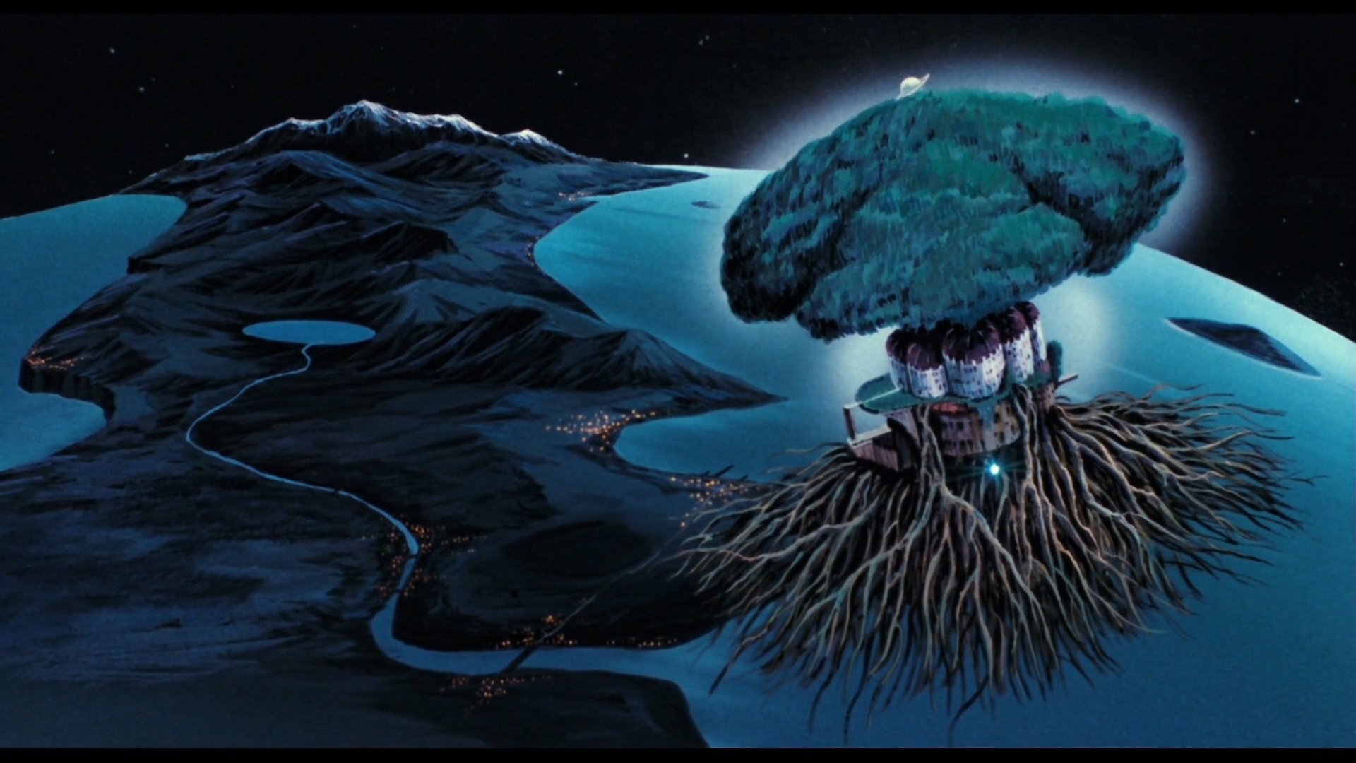 Anime HD PC desktop wallpaper and background of Laputa: Castle in the Sky — a glowing, root-bound floating island hovering above a dark, winding landscape.