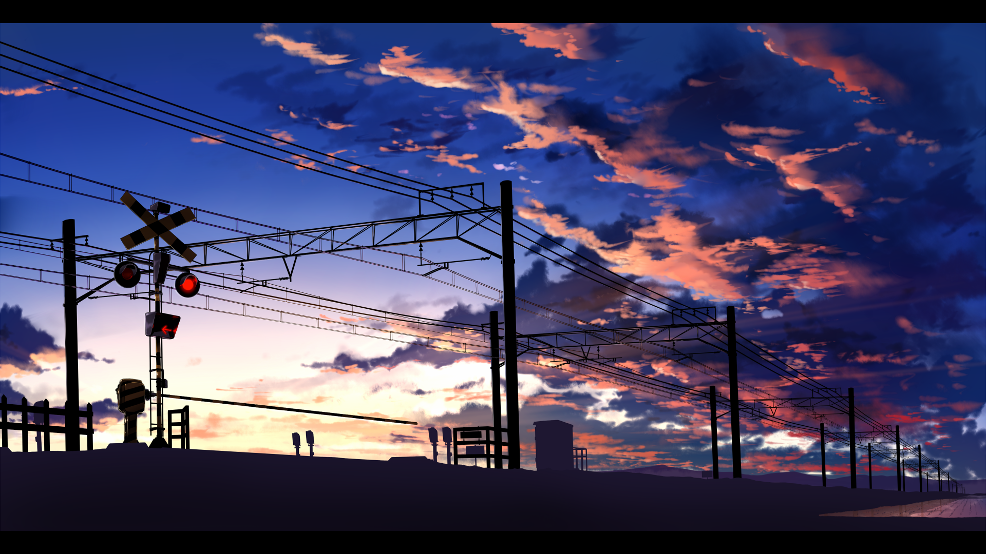 A stunning HD desktop wallpaper featuring an original anime-inspired scene, showcasing a vibrant sunset with dramatic clouds and railway silhouettes.