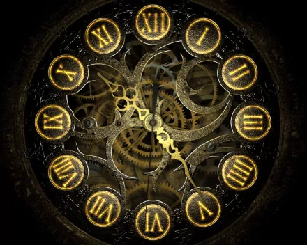 HD desktop wallpaper featuring a steampunk-style clock with intricate gears and glowing Roman numeral dials.