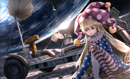 Anime character Clownpiece from Touhou sits on the moon’s surface near a lunar rover with Earth and space in the background, depicted in HD PC desktop wallpaper style.