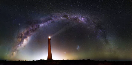 A stunning view of a lighthouse against a vibrant night sky showcasing the Milky Way galaxy, captured in rich detail, highlighting the beauty of Australia's starry landscape.