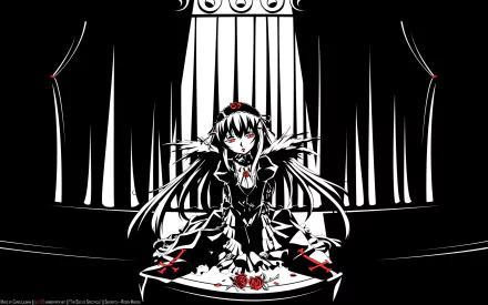 Rozen Maiden anime 2K Quad HD PC wallpaper: gothic black-and-white scene of a dolllike character kneeling before tall cage-like pillars, red roses and eyes.