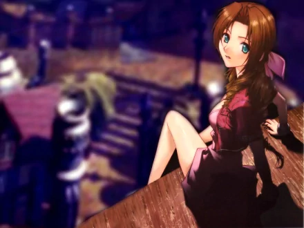 A serene HD wallpaper featuring Aerith Gainsborough from Final Fantasy VII, capturing her iconic look amid a beautifully blurred background of the game's world.