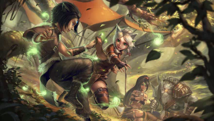 HD PC desktop wallpaper featuring child versions of Rengar and Nidalee from the video game League of Legends in a vibrant, forested battle scene.