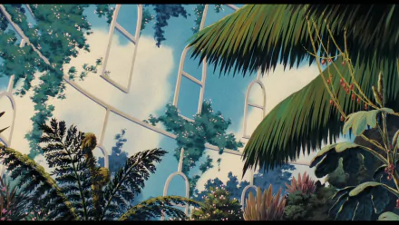 Anime HD PC desktop background — Laputa: Castle in the Sky scene with sunlit tropical foliage and palm fronds framing tall arched windows opening to a bright blue sky.