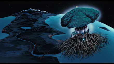 Anime HD PC desktop wallpaper and background of Laputa: Castle in the Sky — a glowing, root-bound floating island hovering above a dark, winding landscape.