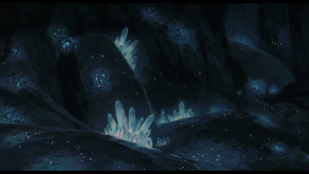 Anime scene from Laputa: Castle in the Sky, glowing blue crystals in a dim cavern — HD PC desktop wallpaper and background.