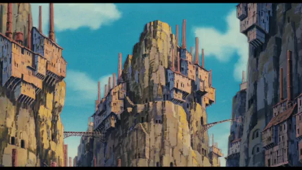 Anime HD PC desktop wallpaper background of Laputa: Castle in the Sky — towering rocky castle spires and rusted skybridges against a vivid blue sky.