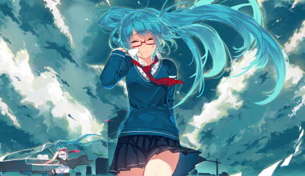 A vibrant HD wallpaper featuring Hatsune Miku, an iconic Vocaloid character, with long turquoise hair and glasses, set against a dramatic sky. A blend of anime artistry and striking colors.