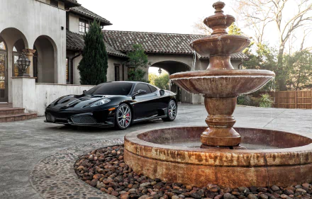 Black Ferrari F430 supercar parked beside a stone fountain in a cobblestone courtyard, HD PC desktop wallpaper background with Mediterranean villa and trees.