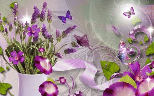 Artistic Spring Fantasy Flower Butterfly Sparkles Purple Flower HD Wallpaper | Background Image
