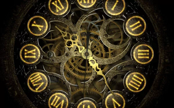 HD desktop wallpaper featuring a steampunk-style clock with intricate gears and glowing Roman numeral dials.