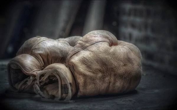 A close-up of worn boxing gloves resting on a surface, capturing the essence of sports and dedication. This HD image serves as an inspiring desktop wallpaper and background.