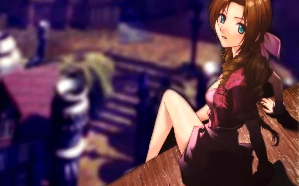A serene HD wallpaper featuring Aerith Gainsborough from Final Fantasy VII, capturing her iconic look amid a beautifully blurred background of the game's world.