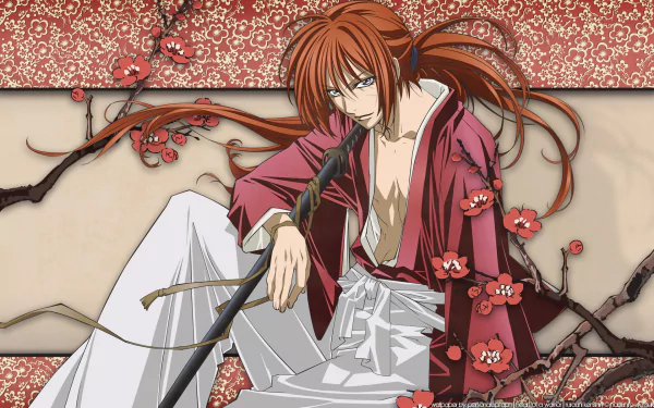 Kenshin Himura from the anime Rurouni Kenshin is depicted in this HD desktop wallpaper, featuring intricate floral patterns and a striking pose with a sword.