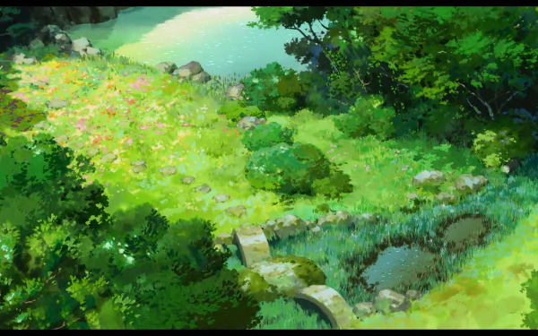 HD anime desktop wallpaper from The Secret World of Arrietty, depicting a lush, sunlit garden with vibrant greenery and colorful flowers.