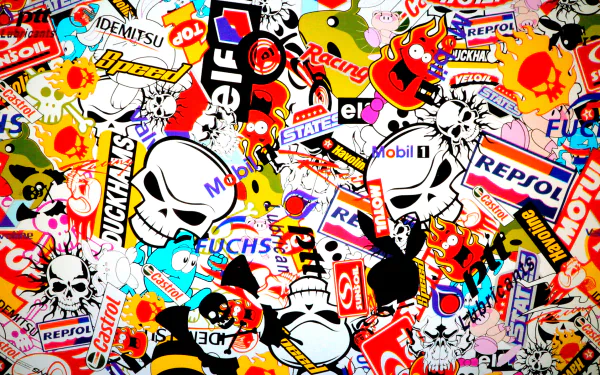 HD desktop wallpaper featuring a vibrant sticker bomb design with various colorful stickers overlaid.