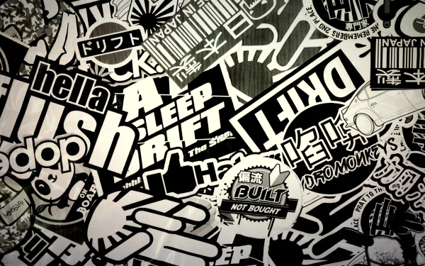 HD desktop wallpaper featuring an eclectic sticker bomb design with a variety of monochromatic stickers overlapping each other.