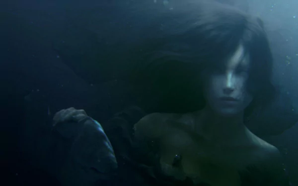 HD PC desktop wallpaper featuring a dark, underwater fantasy scene with a mysterious mermaid partially obscured by shadowy waters.