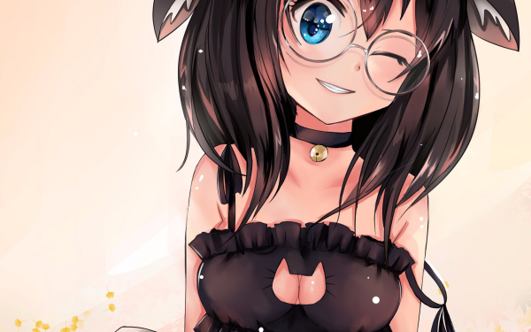 Anime Original Brown Hair Blue Eyes Wink Animal Ears Glasses Smile Blush HD Wallpaper | Background Image