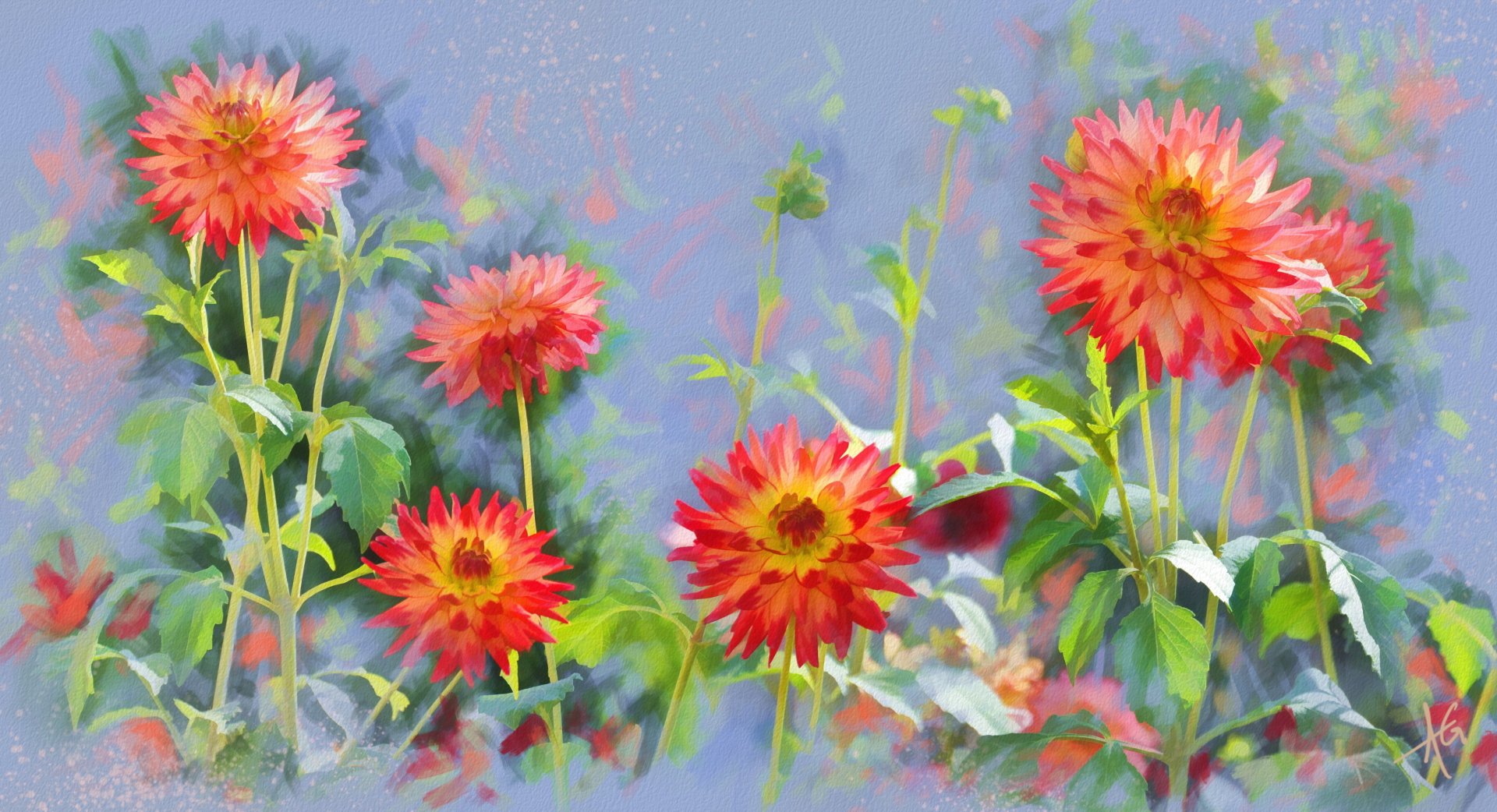 Artistic painting of vibrant dahlia flowers in a colorful garden, rendered in 4K Ultra HD for a striking PC desktop wallpaper.