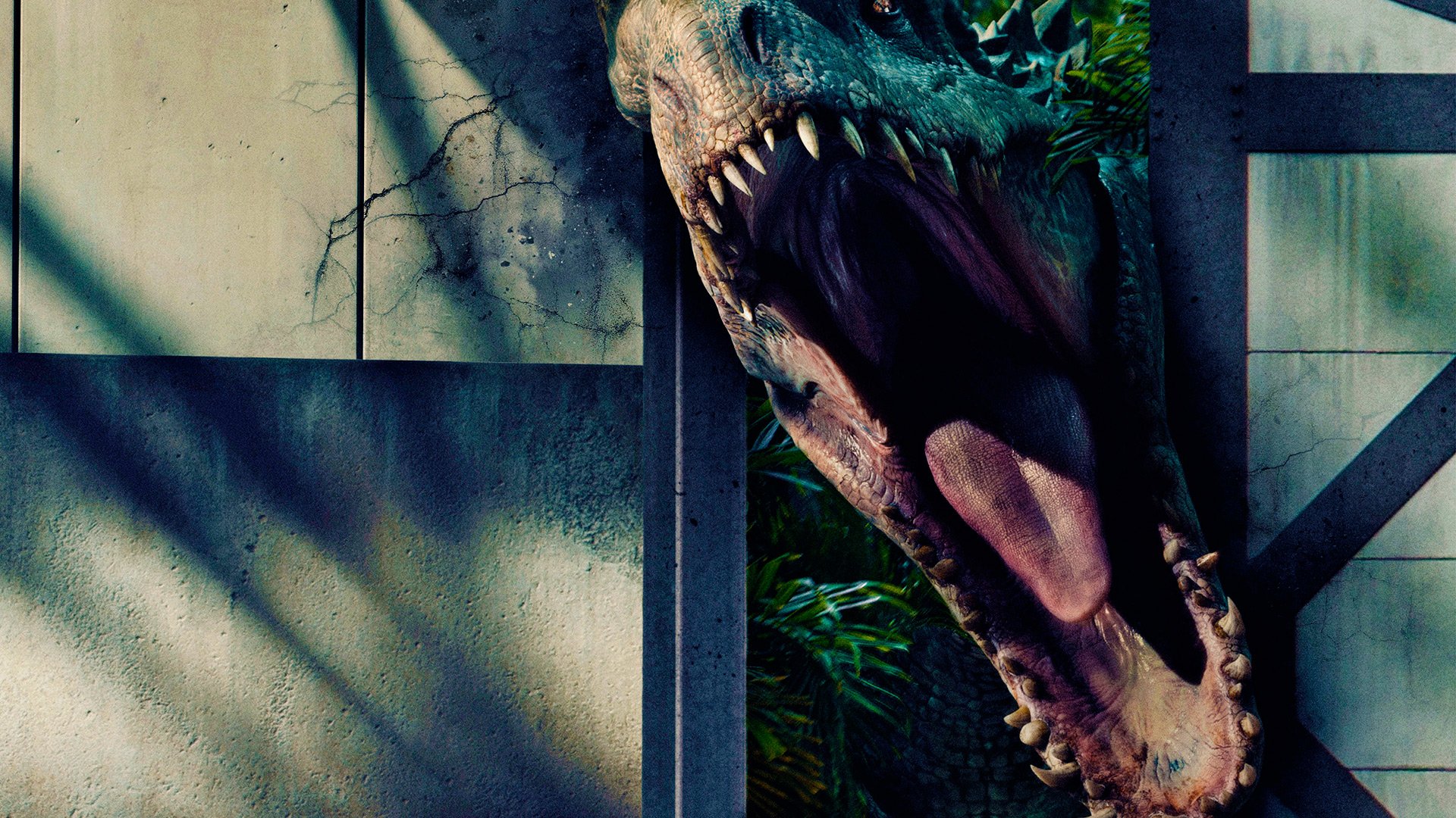 HD PC desktop wallpaper featuring a roaring T-Rex from the movie Jurassic World, blending dramatic shadows and detailed textures for a striking background.