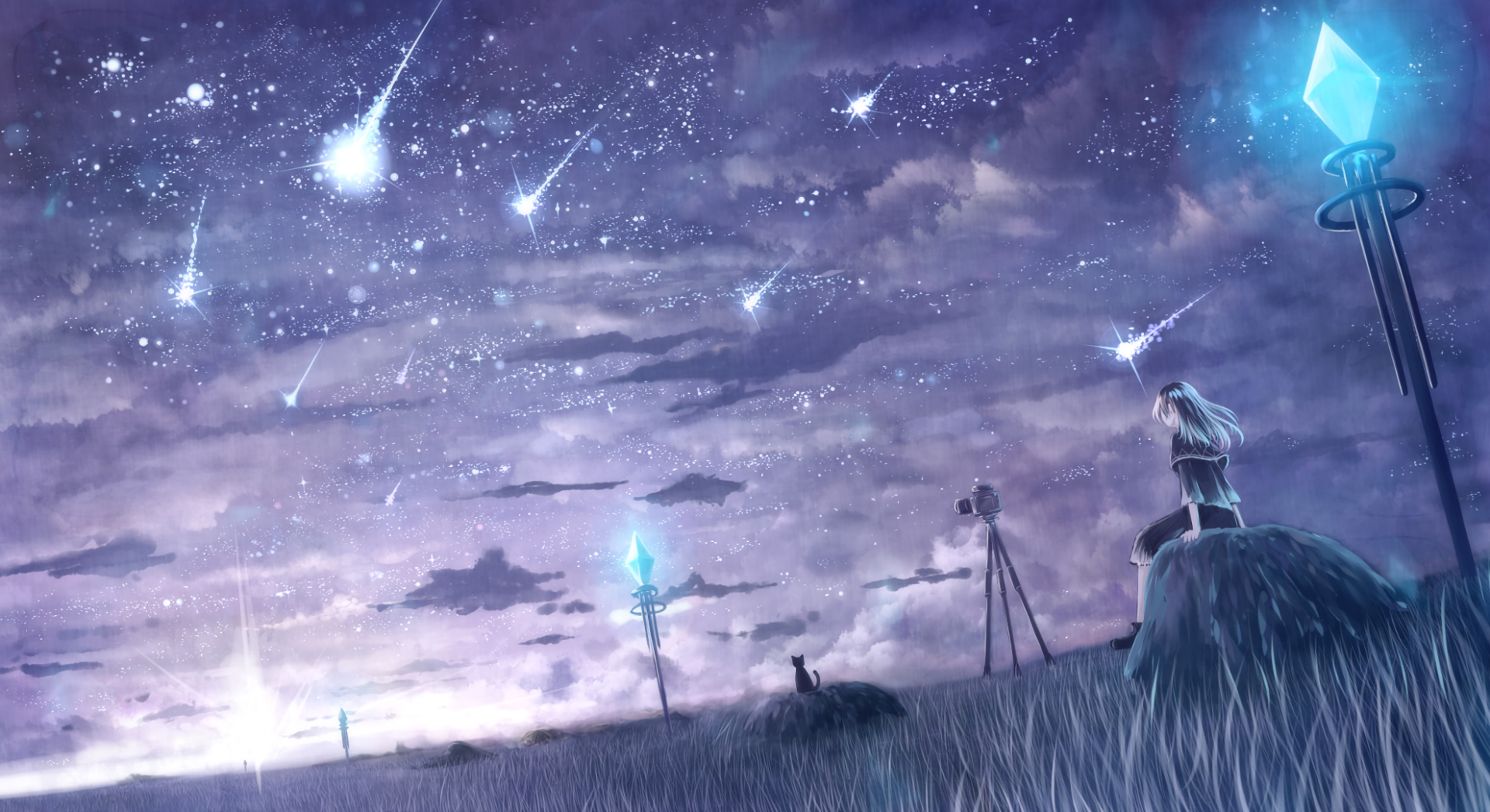 A serene anime scene featuring a figure gazing at a starry sky filled with shooting stars. The landscape includes crystal-like structures, set in a tranquil, dreamlike environment.