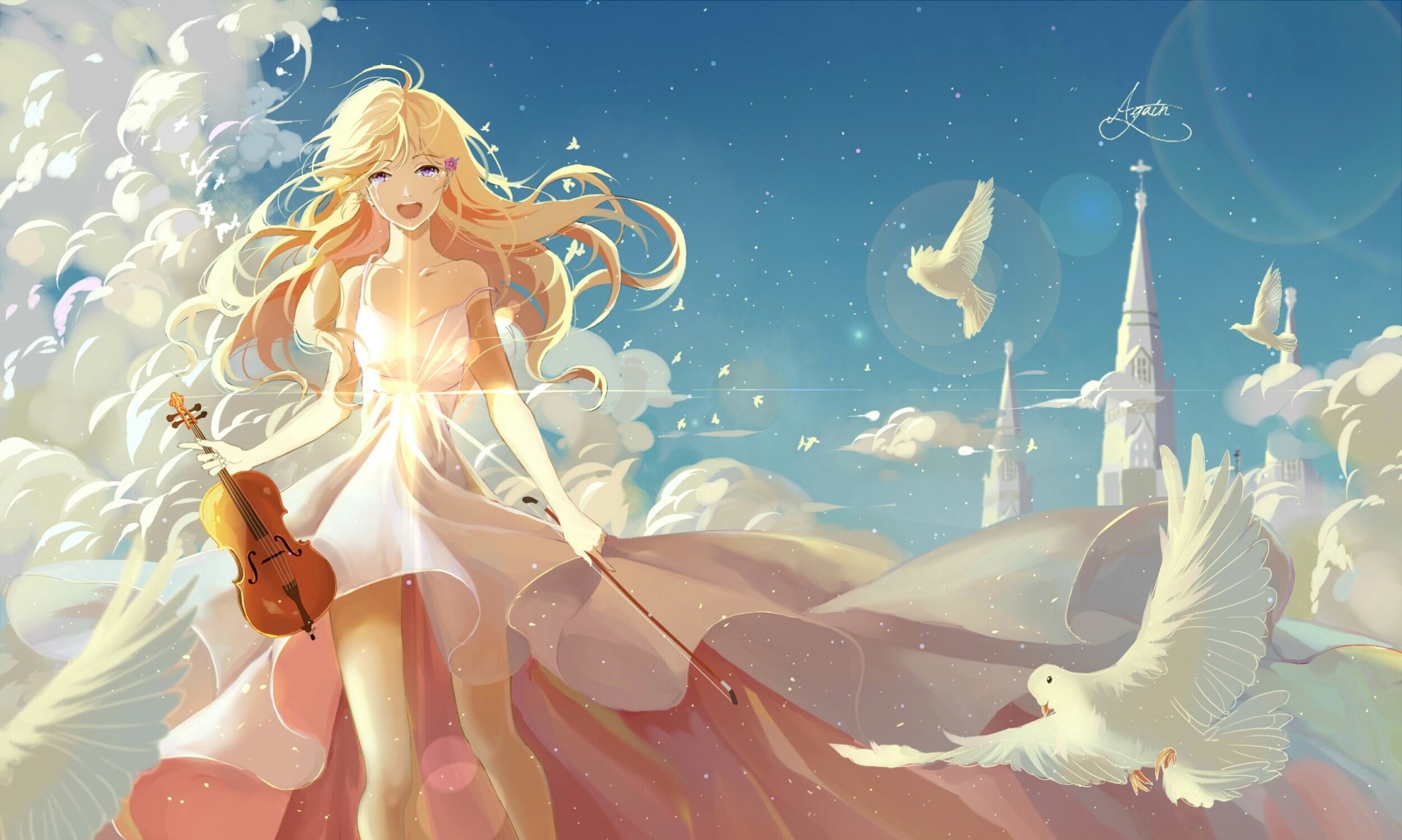 A serene HD wallpaper featuring Kaori Miyazono from Your Lie in April, walking gracefully with a violin, surrounded by doves and a dreamy sky.