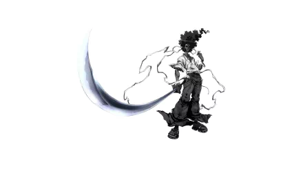 HD PC desktop wallpaper: anime-style Afro Samurai in an ink-splash silhouette, afro hair and a sweeping curved blade on a white background.