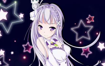 HD wallpaper featuring anime characters Emilia and Pack from Re:Zero - Starting Life in Another World, set against a dark background with glowing star-shaped elements.