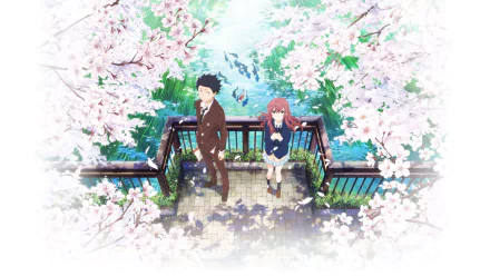 HD desktop wallpaper featuring Shouya Ishida and Shouko Nishimiya from the anime A Silent Voice, standing on a bridge surrounded by blooming cherry blossoms and a serene river.