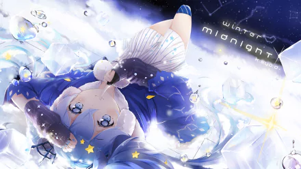HD anime desktop wallpaper featuring Hatsune Miku from Vocaloid, surrounded by glowing stars and translucent crystals in a dreamy midnight-themed setting.