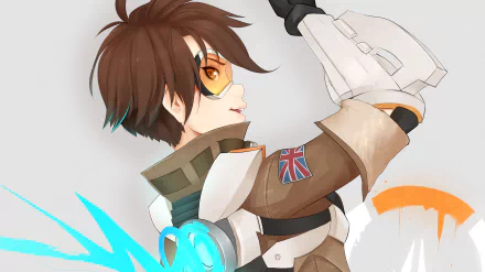 HD PC desktop wallpaper featuring Tracer from Overwatch in a dynamic pose with her signature goggles and British flag emblem.