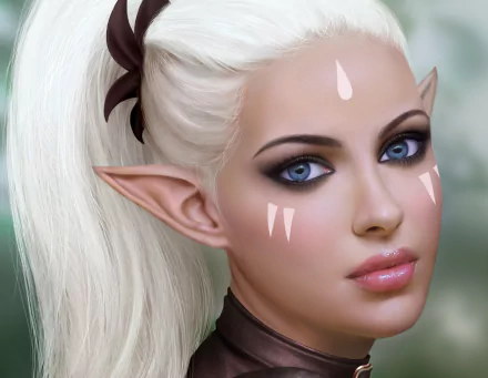 A close-up of a fantasy elf featuring pointed ears, striking blue eyes, and white hair, set against a soft background. This HD image makes a captivating desktop wallpaper.