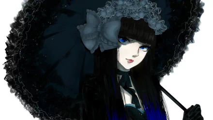 A dark-themed anime girl with striking blue eyes holds a decorative black umbrella, exuding a mystical charm. This HD wallpaper features intricate details in a captivating style.