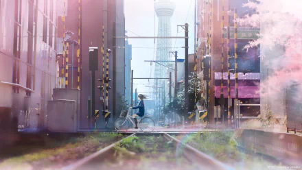 HD anime wallpaper featuring an original scene of a person crossing railway tracks with a bicycle in a serene, urban setting with a tower in the background.