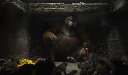 HD PC desktop wallpaper featuring an orangutan and Mowgli surrounded by animals from the 2016 movie The Jungle Book.