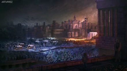 HD desktop wallpaper featuring Toriel and Frisk from Undertale overlooking a snow-covered town and castle from a high vantage point, with a dramatic night sky in the background.