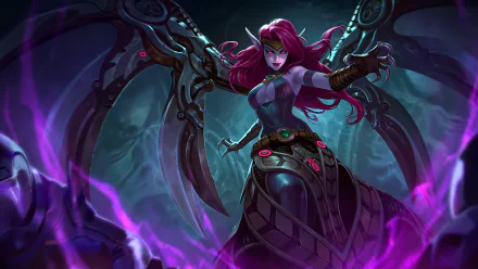 Morgana from League of Legends stands dramatically, wielding dark magic with her iconic wings, set against a moody background, creating a striking HD desktop wallpaper.