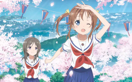 A vibrant HD wallpaper featuring characters Moeka China and Akeno Misaki from the anime High School Fleet surrounded by cherry blossoms, capturing a lively and cheerful moment.