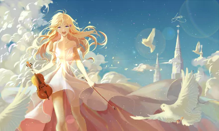 A serene HD wallpaper featuring Kaori Miyazono from Your Lie in April, walking gracefully with a violin, surrounded by doves and a dreamy sky.