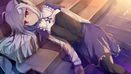 A serene portrayal of Julie Sigtuna from Absolute Duo, featuring her in a stylish outfit, resting against steps, set in an artistic anime background. HD desktop wallpaper.