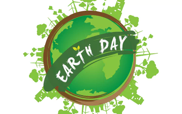 HD PC desktop wallpaper featuring a green Earth with the text Earth Day and eco-friendly icons symbolizing environmental awareness and sustainability holidays.