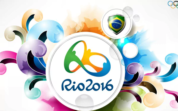 Colorful HD desktop wallpaper featuring the Rio 2016 Summer Olympics logo with vibrant swirls and the Brazilian flag shield, celebrating the Olympic Games.