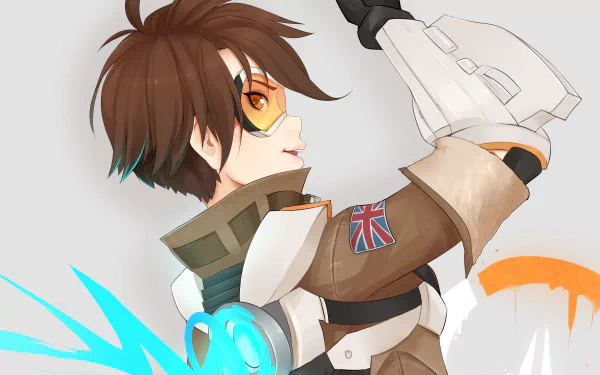 HD PC desktop wallpaper featuring Tracer from Overwatch in a dynamic pose with her signature goggles and British flag emblem.
