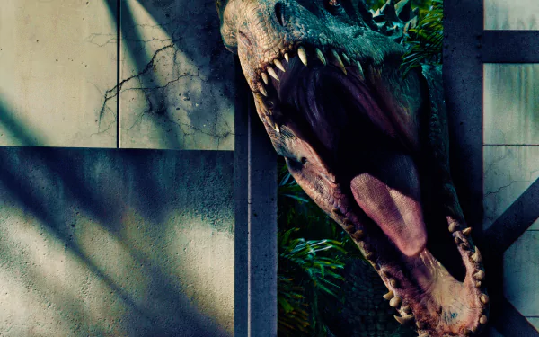 HD PC desktop wallpaper featuring a roaring T-Rex from the movie Jurassic World, blending dramatic shadows and detailed textures for a striking background.