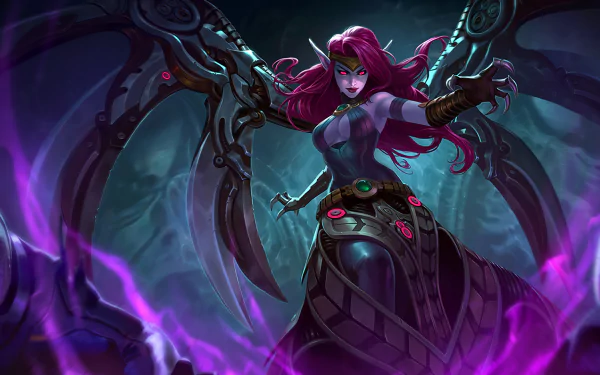 Morgana from League of Legends stands dramatically, wielding dark magic with her iconic wings, set against a moody background, creating a striking HD desktop wallpaper.