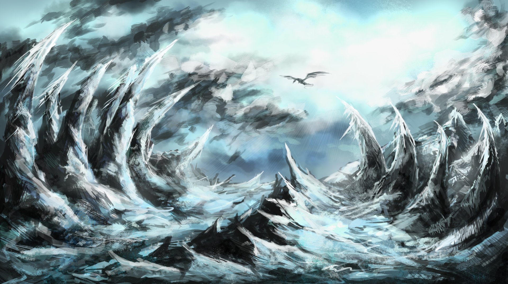 A stunning 4K Ultra HD wallpaper featuring a dragon soaring over icy mountains, inspired by The Elder Scrolls V: Skyrim, capturing the epic fantasy of the game.