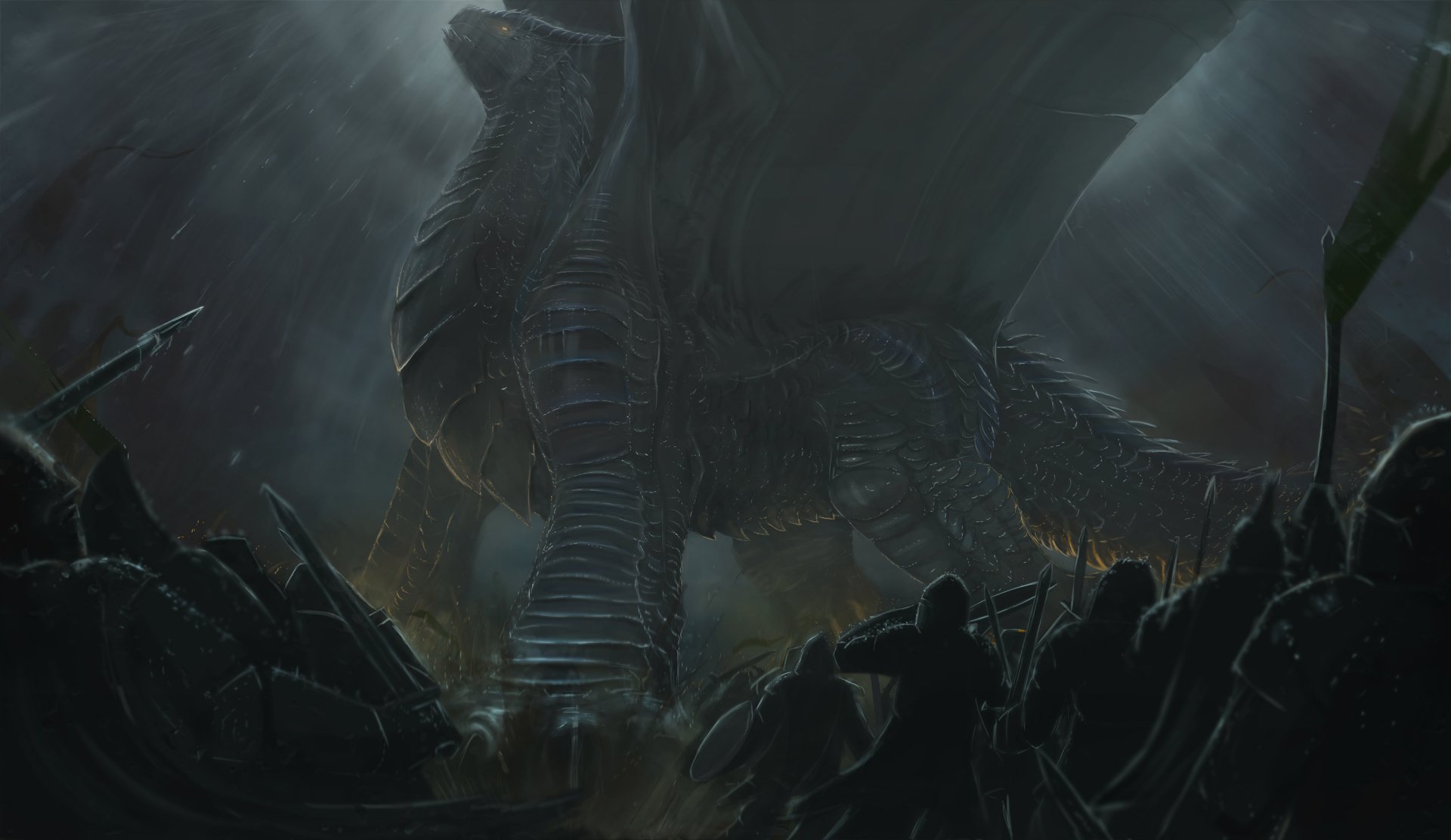 A dark fantasy HD wallpaper depicting a knight warrior facing a massive dragon amid a stormy, shadowy battlefield.